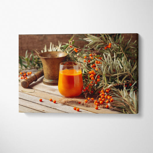 Glass of Sea Buckthorn Juice with Fresh Berries Canvas Print ArtLexy 1 Panel 24"x16" inches 