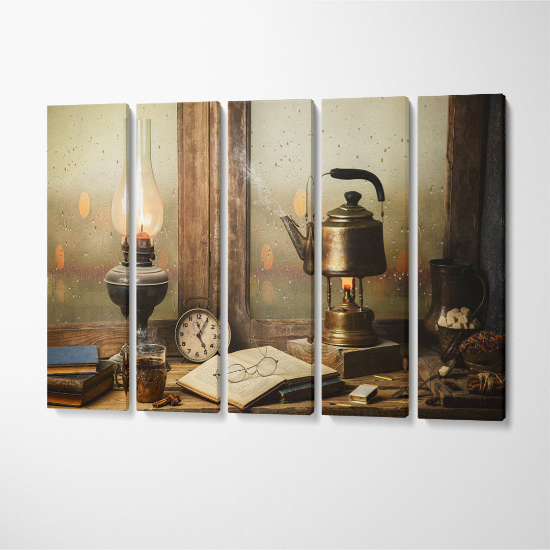 Still Life Old Hot Tea Pot with Vintage Lamp and Old Books Canvas Print ArtLexy 5 Panels 36"x24" inches 