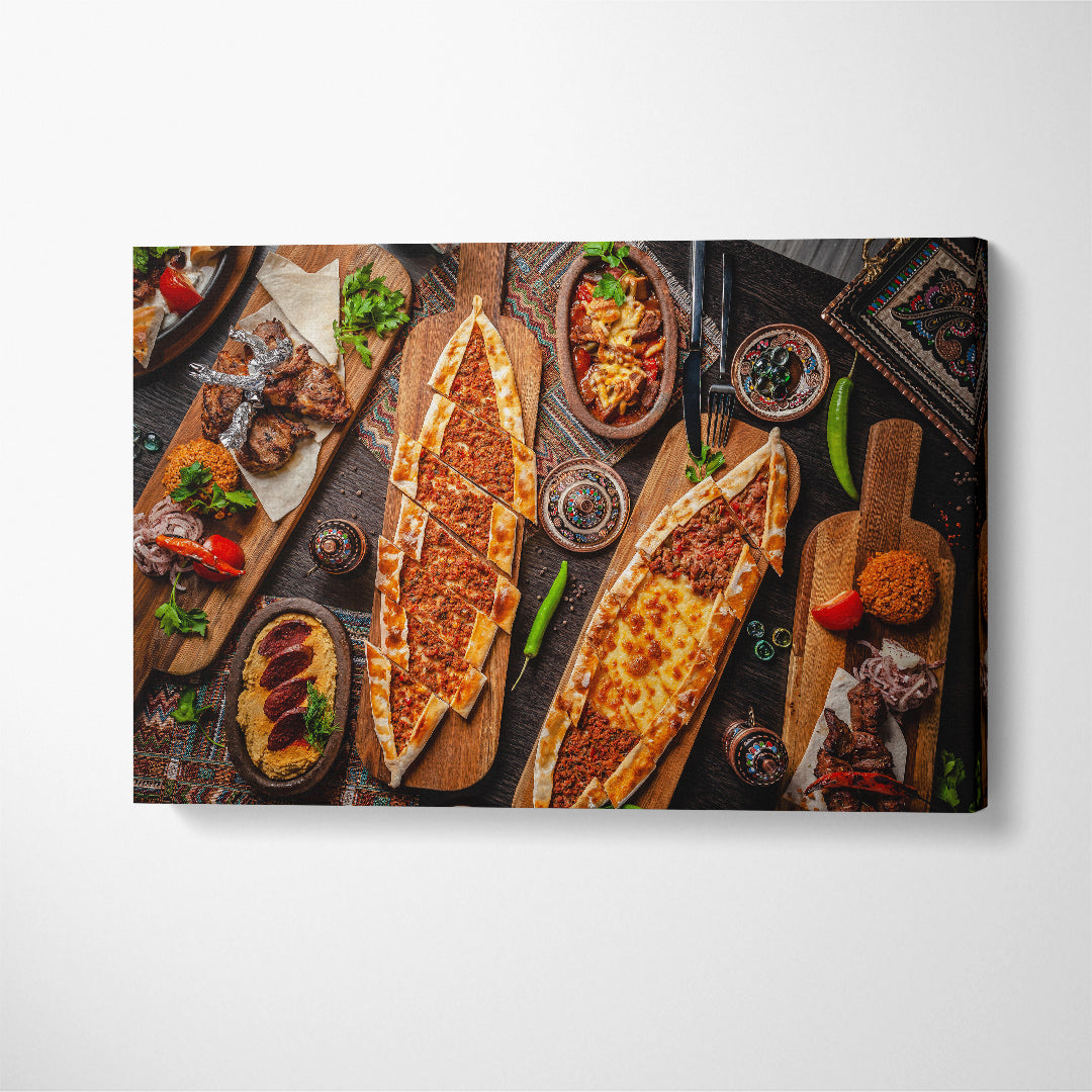Traditional Turkish Cuisine Pizza Sucuk Hummus Kebab Canvas Print ArtLexy 1 Panel 24"x16" inches 
