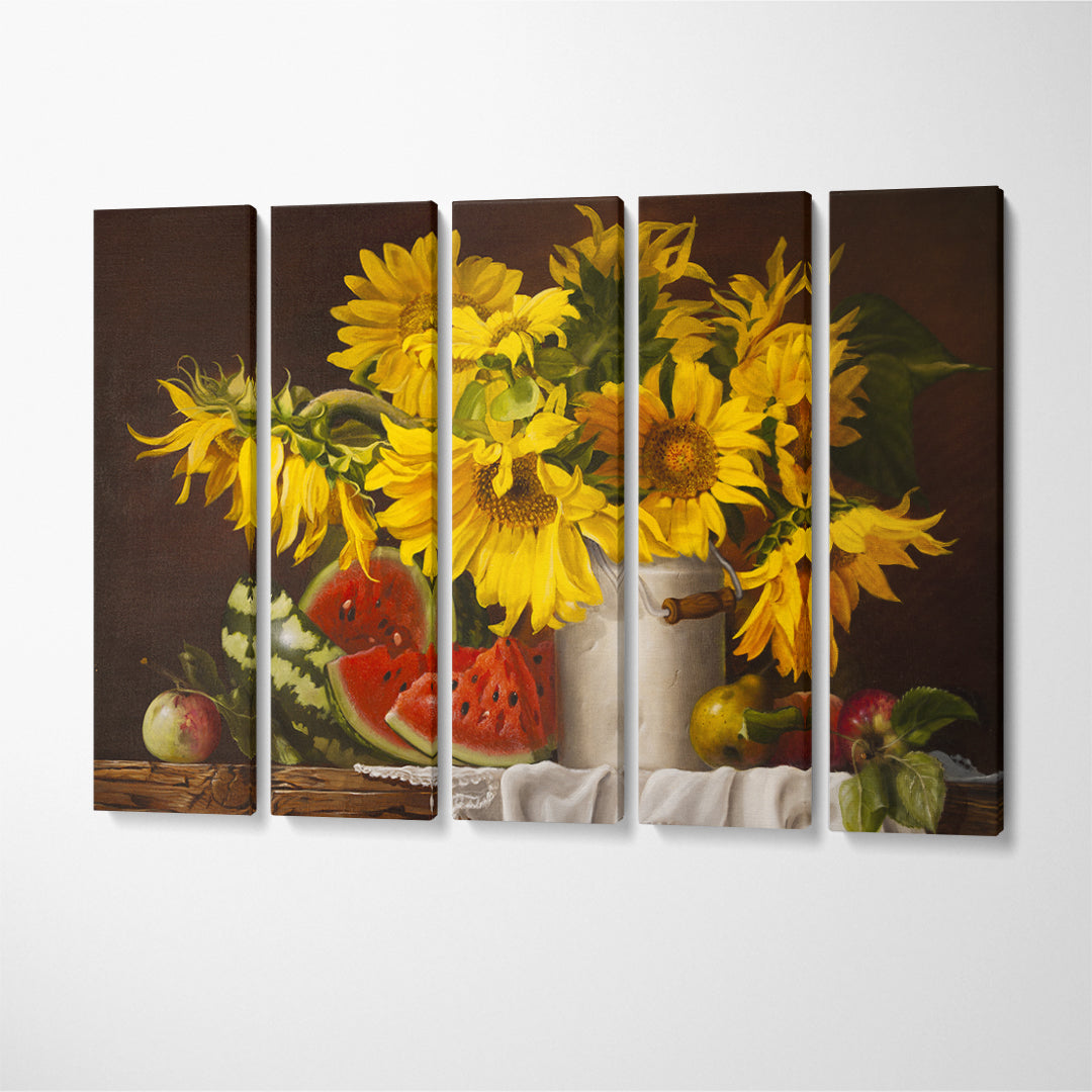 Still Life Sunflowers and Watermelon Canvas Print ArtLexy 5 Panels 36"x24" inches 