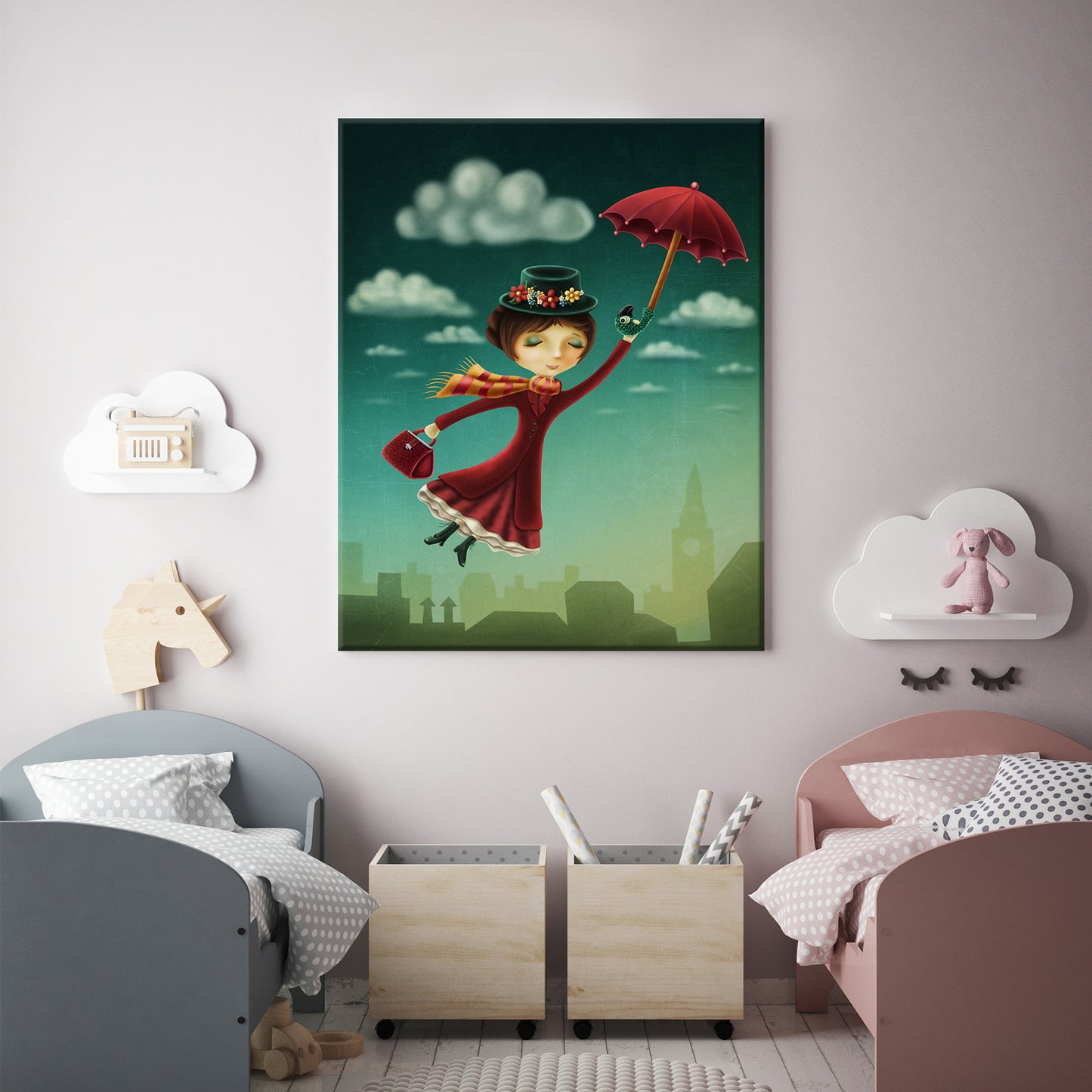 Mary Poppins Flying on Umbrella Canvas Print ArtLexy 1 Panel 16"x24" inches 