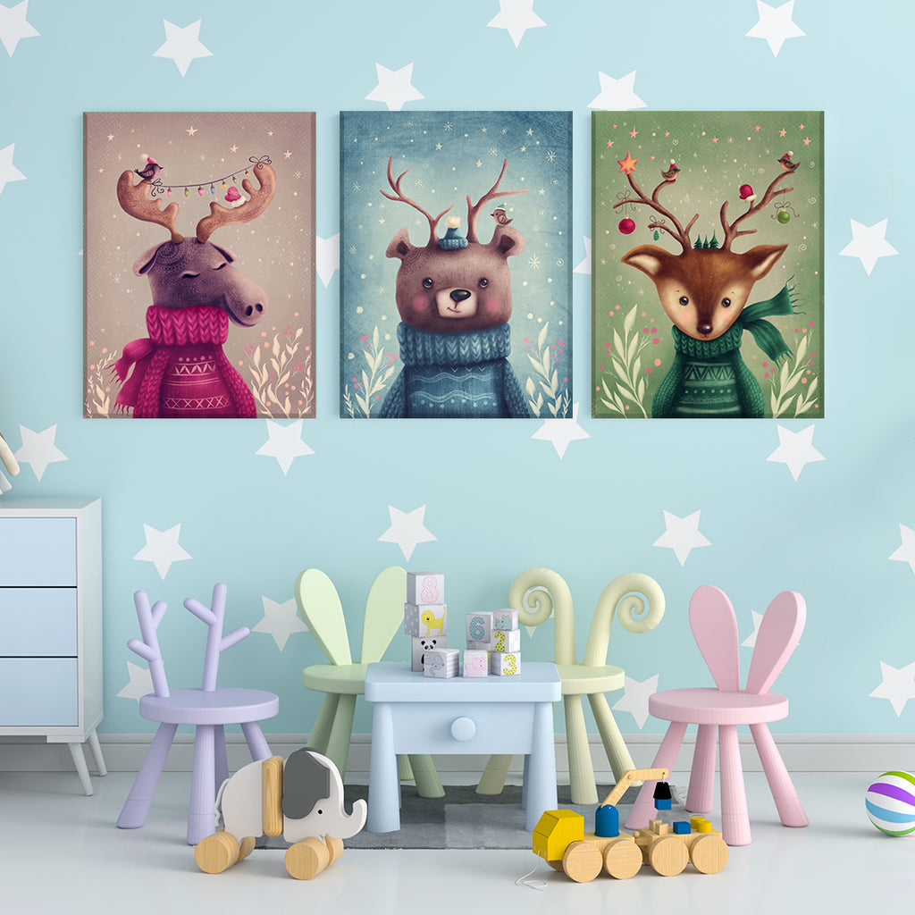 Set of 3 Forest Animals for Kids Room Canvas Print ArtLexy 3 Panels 48”x24” inches 